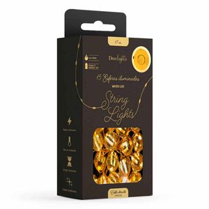 SERIE DE 15 ESFERAS LUMINOSAS, LUZ LED CÁLIDA, CABLE ULTRA SLIM DORADO, FUNCIONA CON 3AA BATERÍAS (INCLUIDAS)