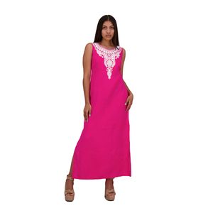 Vestido Je de Lino con Bordado Digital Rosa