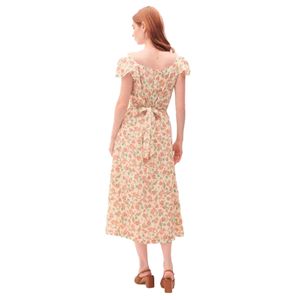 Vestido Midi Estampado Floral Corrugado Escote Corazón Manga Escarola