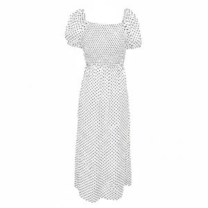 Vestido Manga Corta Largo Polka Dots Blanco