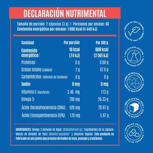 Suplemento Alimenticio Premium Omega 3 a Base de Omega 3 Derivado de Algas Birdman 120 Cápsulas